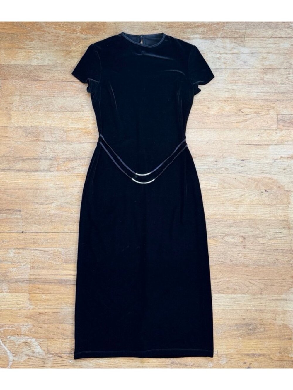 Vintage Black Crushed Velvet Midi Dress with Belt Detail Size Small Satin Trim